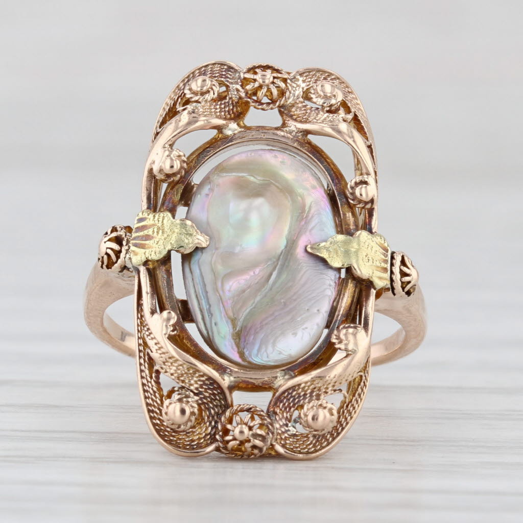 Antique Mother of Pearl Abalone Ring 9k Gold Ornate Filigree Size 4