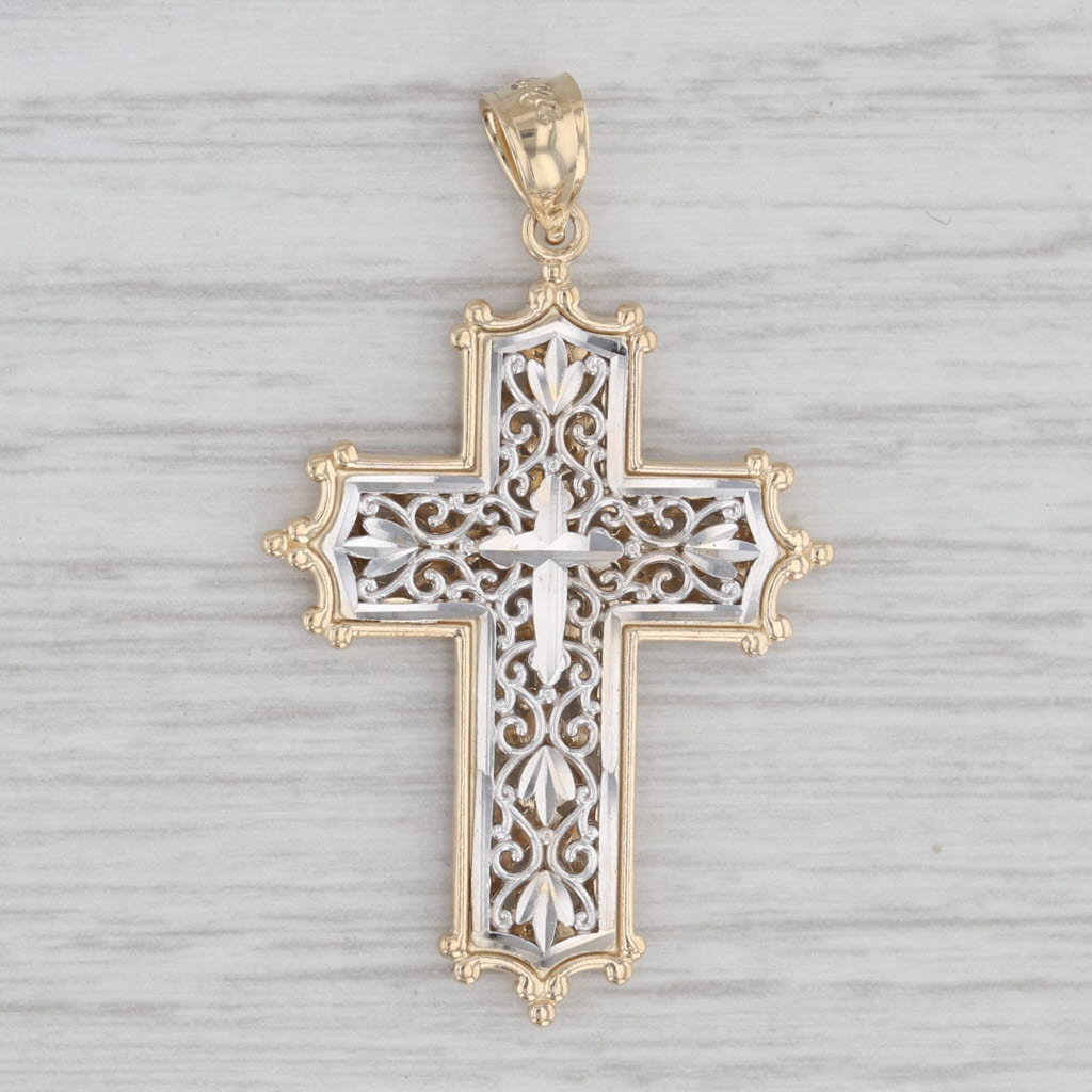 Light Gray Reversible Ornate Cross Pendant 14k Yellow White Gold Filigree Style