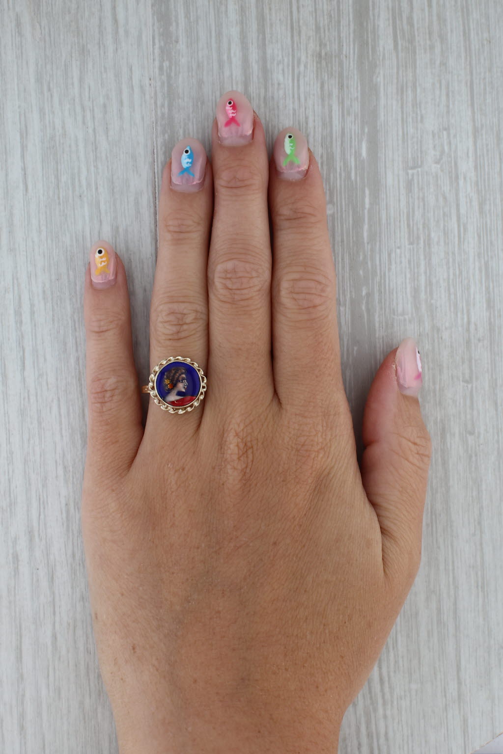 French Hand Painted Portrait of Lady Signet Ring 14k Gold Enamel Glass Size 6.5