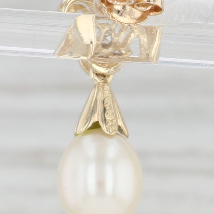 Light Gray Cultured Pearl Teardrop Diamond Flower Earrings 10k Yellow Gold Drops