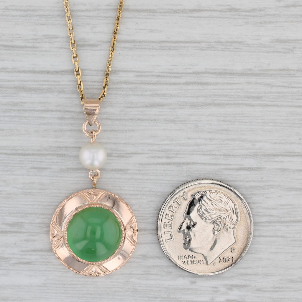 Gray Jadeite Jade Cultured Pearl Pendant Necklace 10k Yellow Gold 15.5" Cable Chain