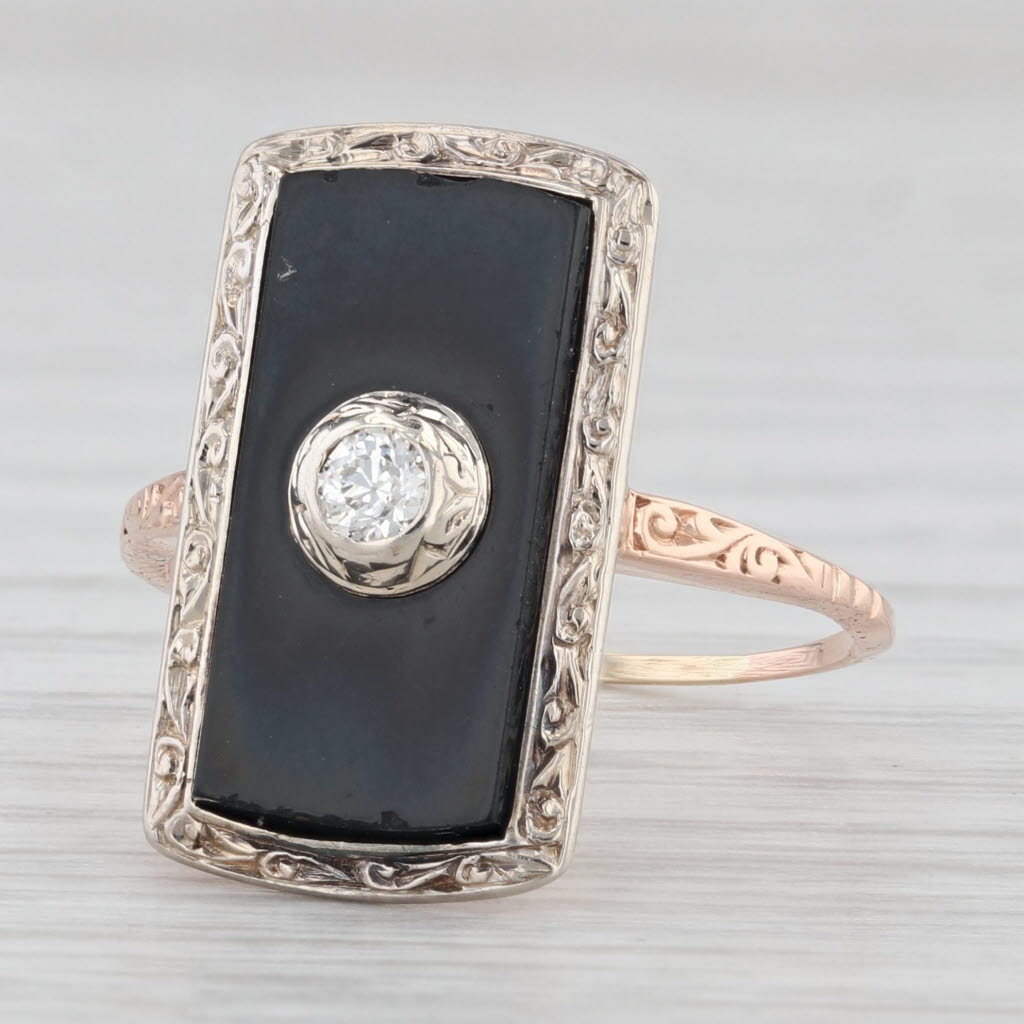 Light Gray Vintage Onyx Diamond Signet Ring 10k Rose White Gold Size 7 Ornate