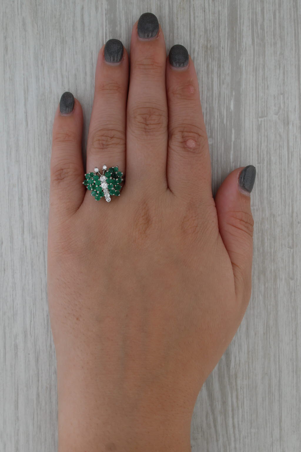 1,25ctw Emerald Diamond Cluster Butterfly Ring 14k White Gold Cocktail Size 7.75
