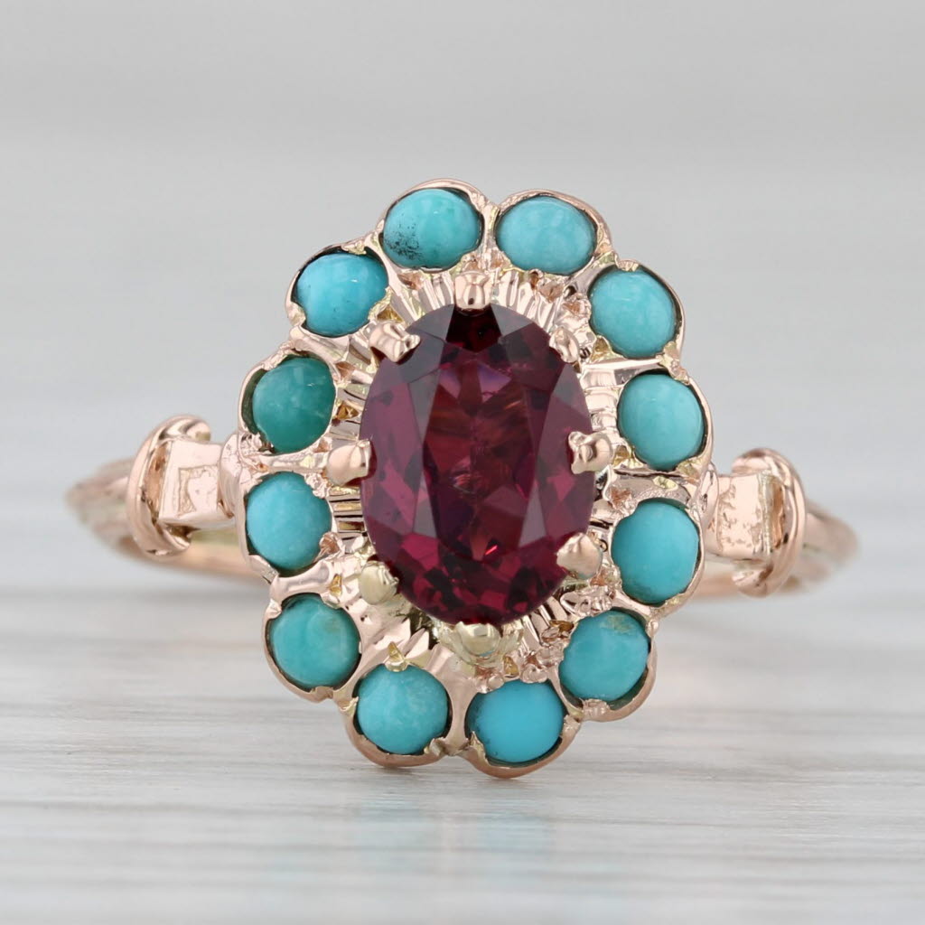 Gray Vintage Rhodolite Garnet Turquoise Halo Ring 12k Rose Gold Size 5
