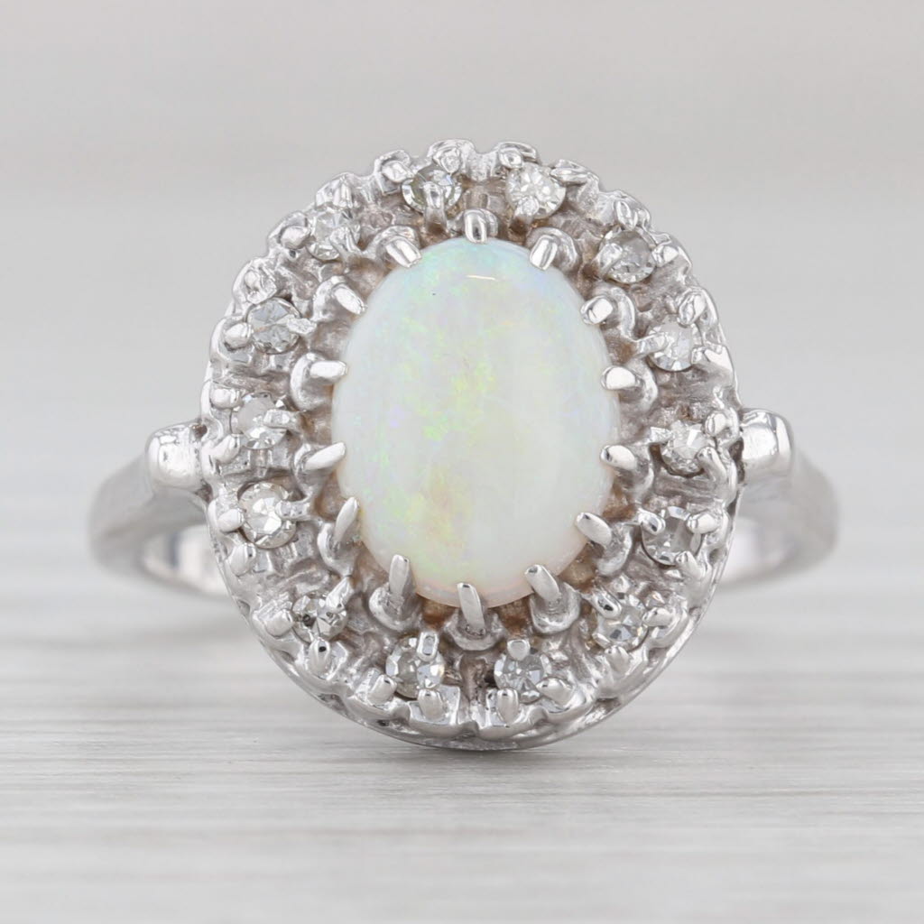 Oval Cabochon Opal Diamond Halo Ring 14k White Gold Size 6