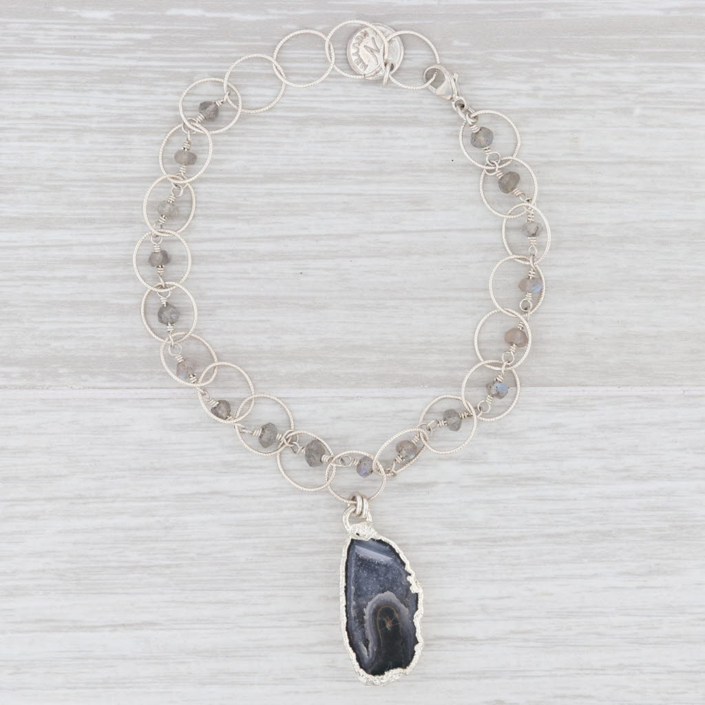 New Nina Wynn Charm Bracelet Druzy Geode Quartz Labradorite Bead 7.5" Sterling