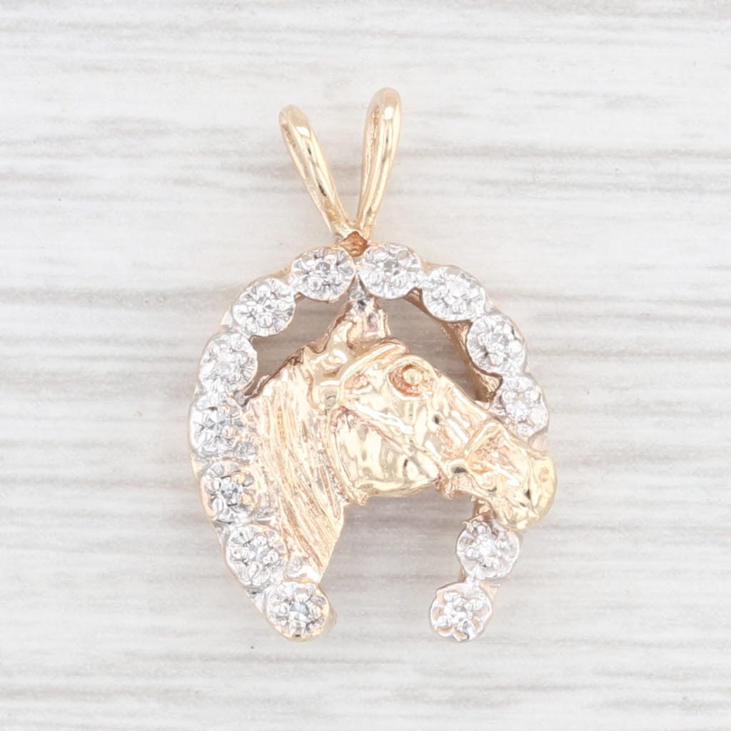 Antique White Diamond Horseshoe Horse Pendant 10k Yellow Gold Good Luck Western