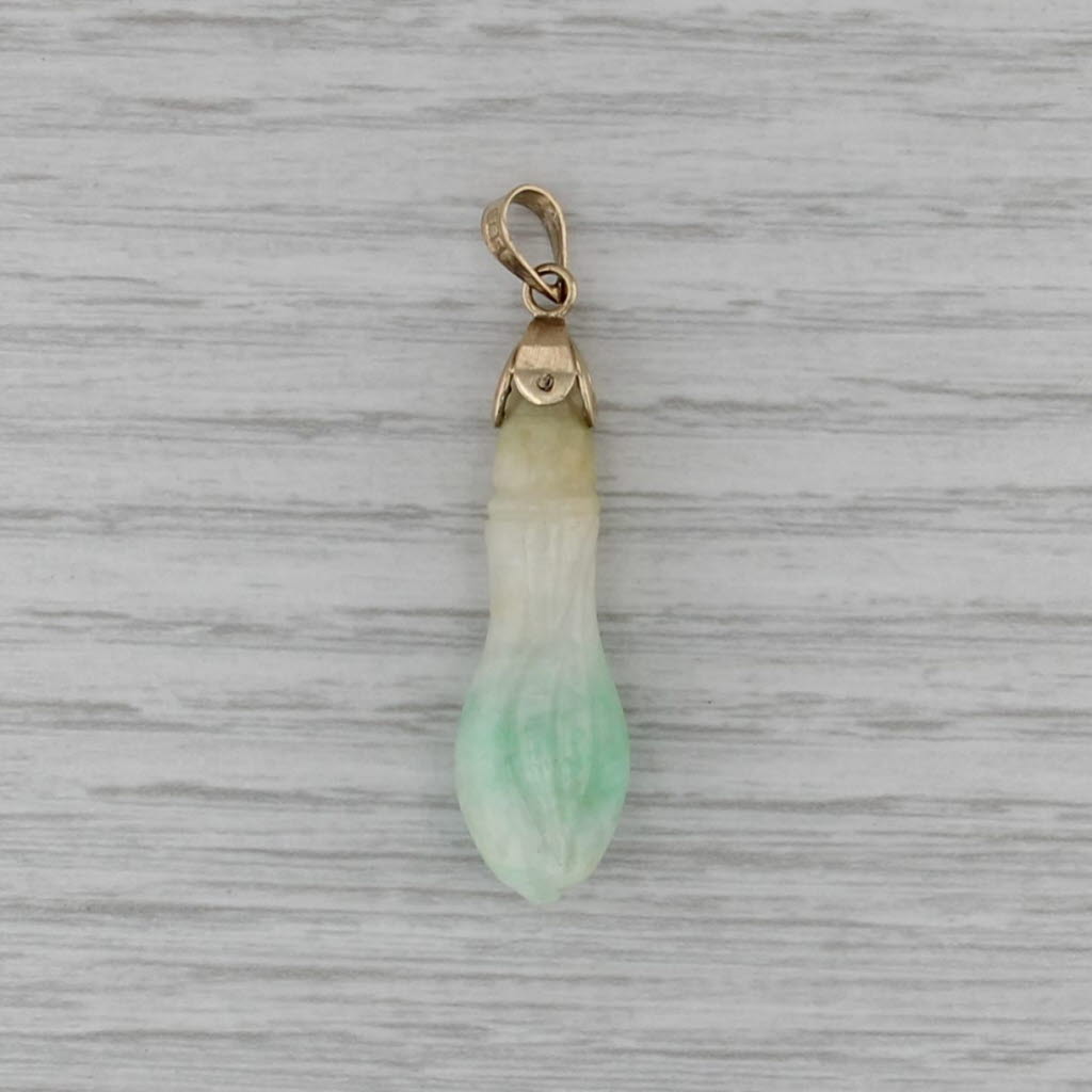 Vintage Jadeite Jade Carved Oblong Pendant Floral Drop 14k Yellow Gold