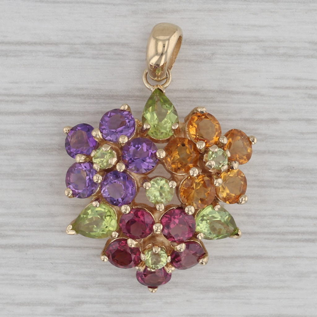 Gray 5.65ctw Gemstone Flower Pendant 14k Gold Peridot Amethyst Citrine Tourmaline