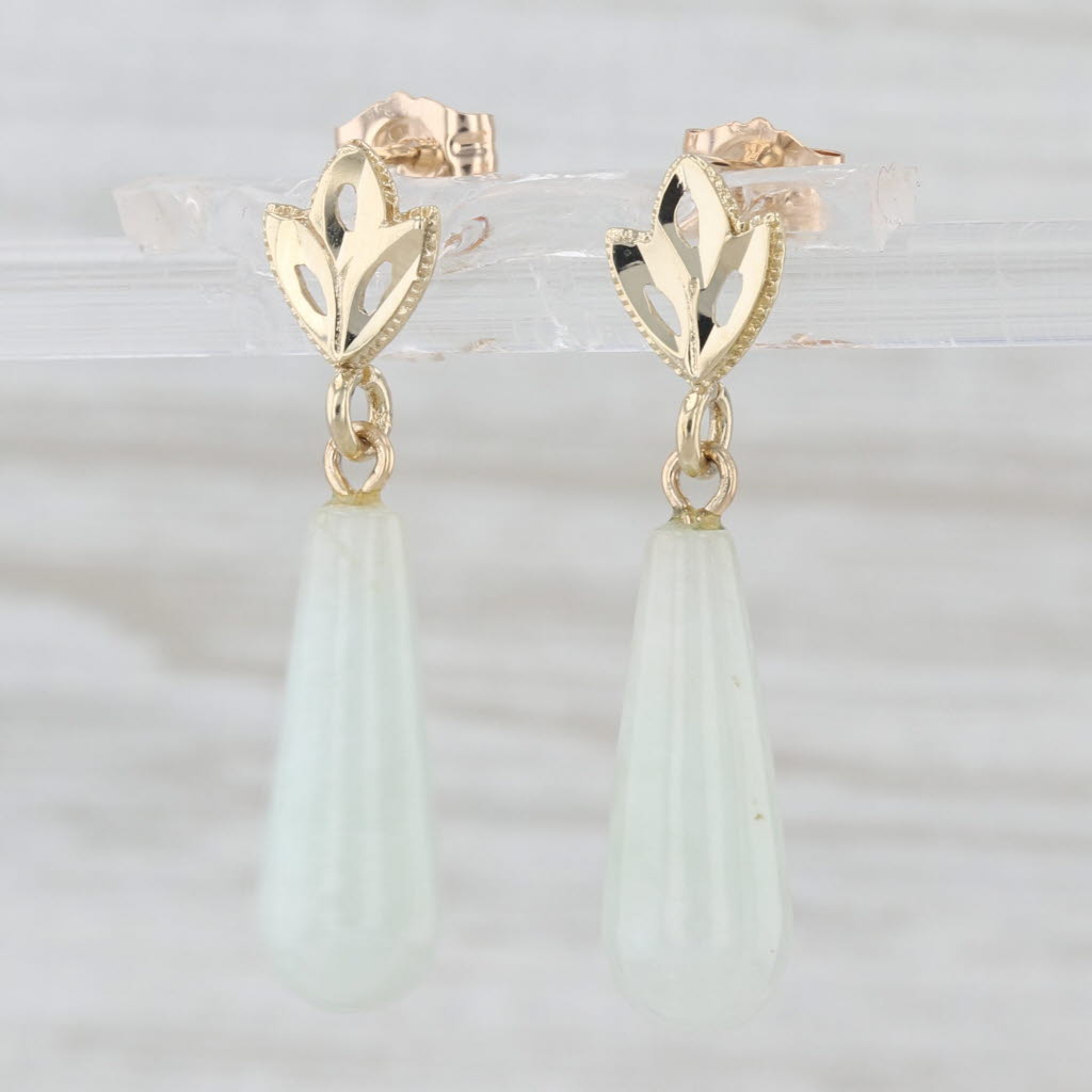 White Jadite Jade Teardrop Earrings 10k Yellow Gold Dangles Drops