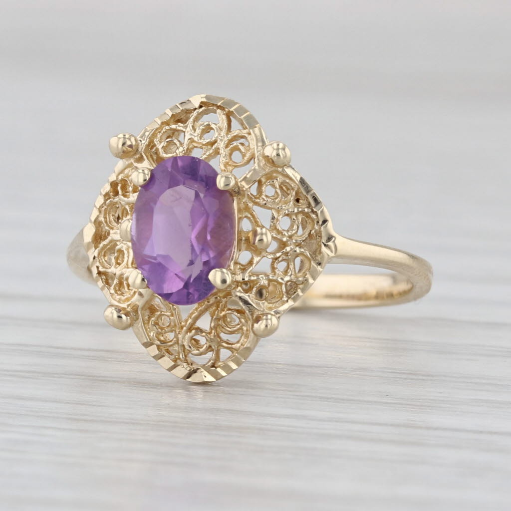 Vintage 0.75ctw Amethyst Solitaire Filigree Ring 10k Yellow Gold Size 6