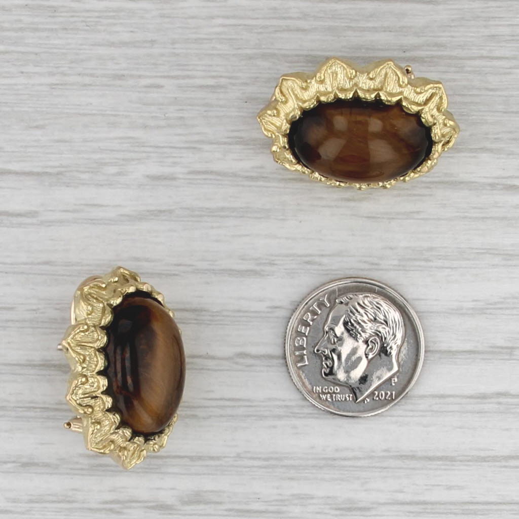 Vintage Tiger's Eye Cabochon Flower Statement Earrings 18k 14k Gold Omega Backs