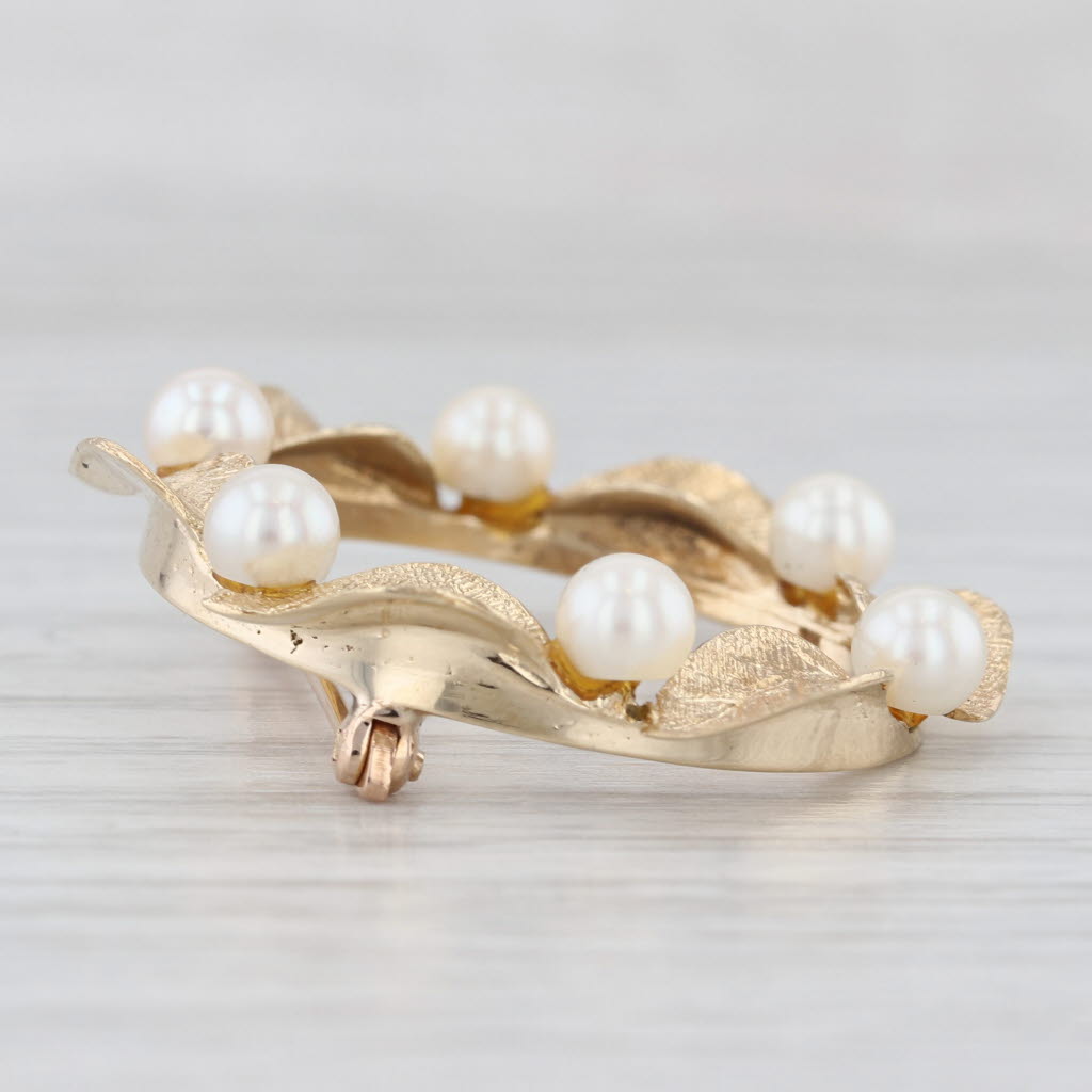 Light Gray Cultured Pearl Wreath Brooch 14k Yellow Gold Statement Pin