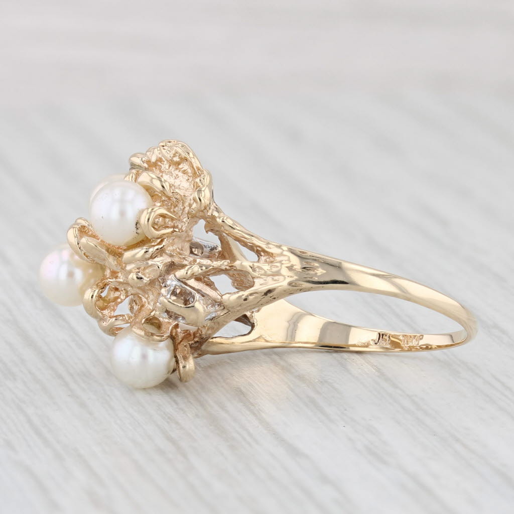 Light Gray Cultured Pearl Cluster Diamond Ring 10k Yellow Gold Size 7.5