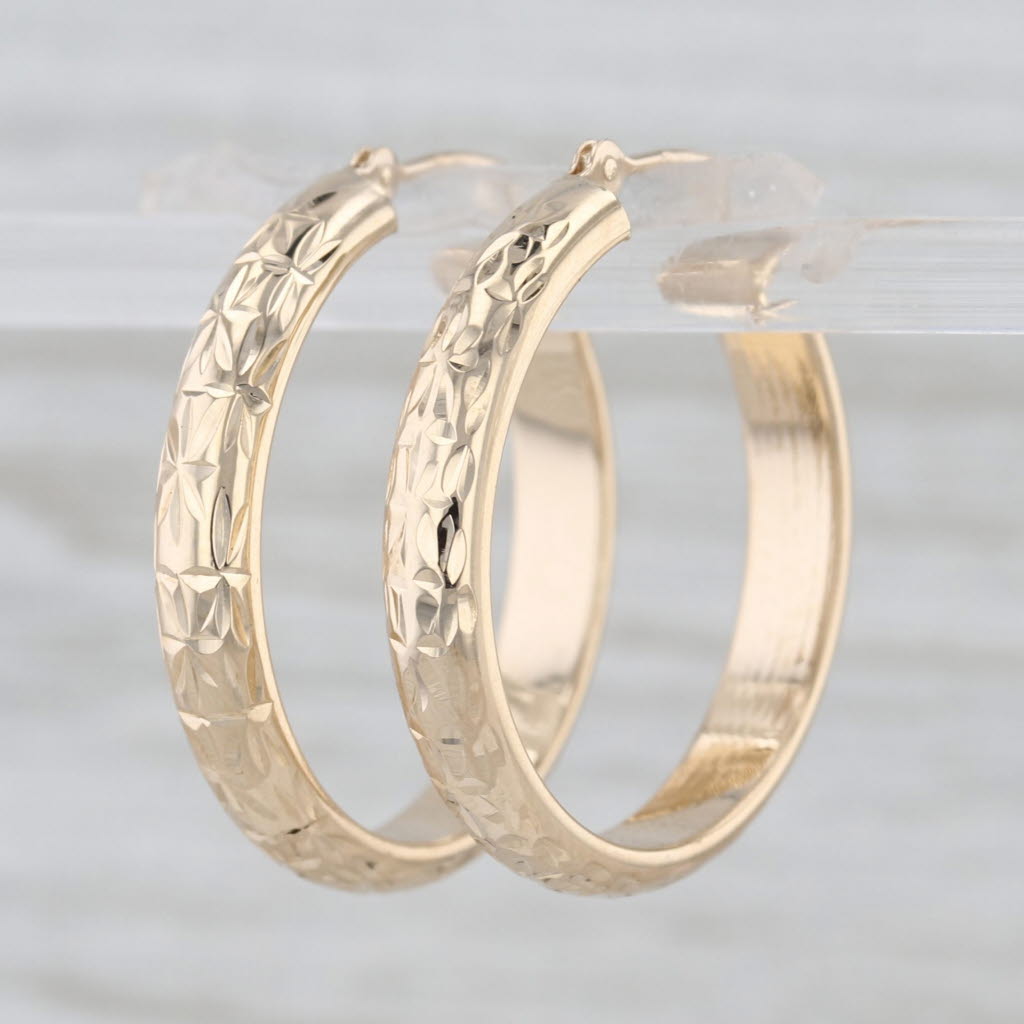 Etched Hoop Earrings 14k Yellow Gold Snap Top Round Hoops