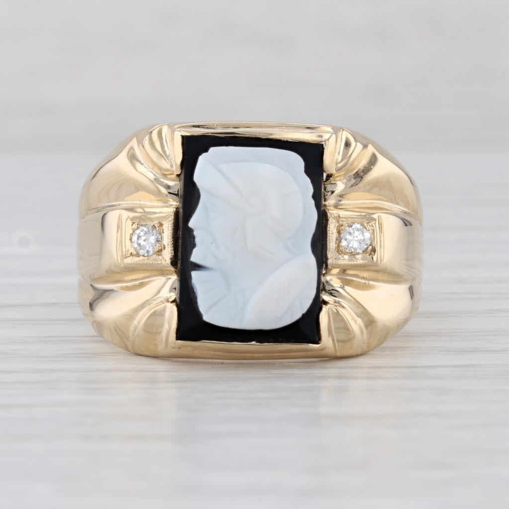 Vintage Chalcedony Cameo Diamond Signet Ring 14k Yellow Gold Size 15.25