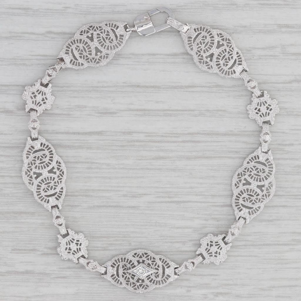 Gray Art Deco Filigree Diamond Accented Bracelet 10k White Gold 7.25"