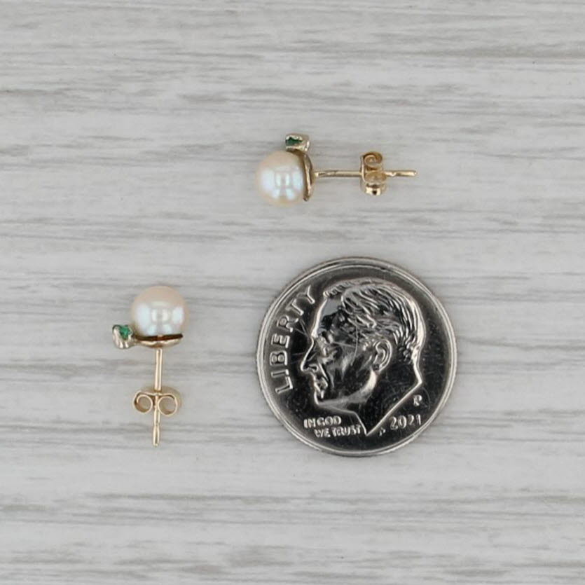 Saltwater Cultured Pearl Emerald Stud Earrings 14k Yellow Gold Studs
