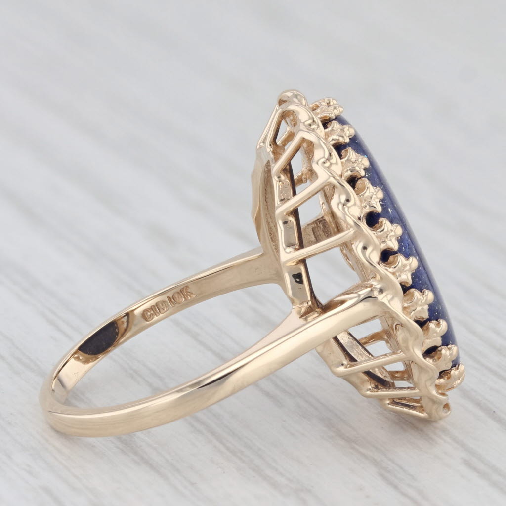 Light Gray Oval Cabochon Solitaire Blue Lapis Lazuli Ring 10k Yellow Gold Size 7.25