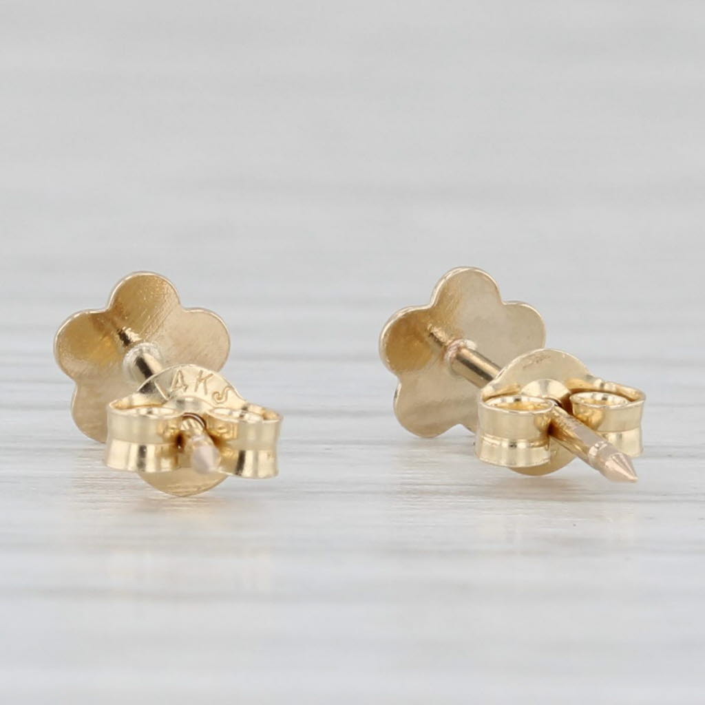 Light Gray Small Pink Enamel Flower Stud Earrings 14k Yellow Gold