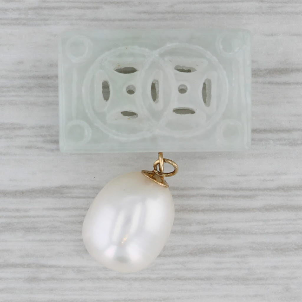 Gray Ornate Carved Jade Cultured Pearl Drop Pendant 14k Gold Slide