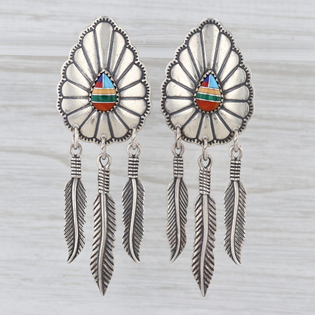Wheeler Mfg Southwestern Dangle Feather Mosaic Earrings Sterling Silver
