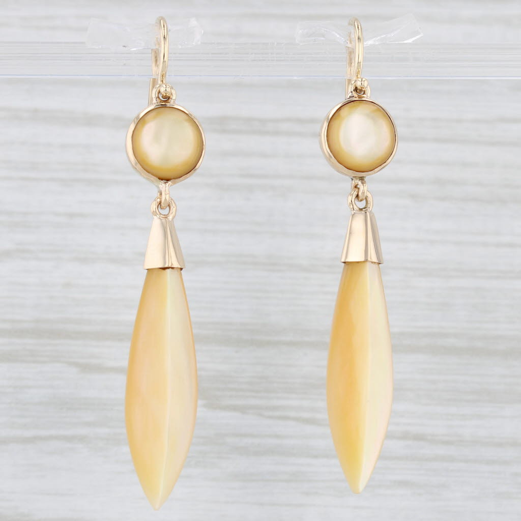Light Gray Vintage Mother of Pearl Shell Dangle Earrings 14k Yellow Gold Hook Posts