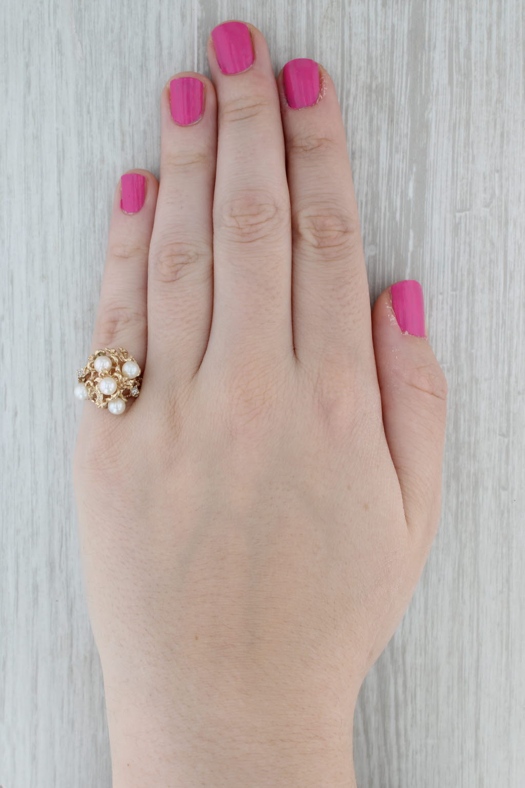 Gray Cultured Pearl Cluster Diamond Ring 10k Yellow Gold Size 7.5