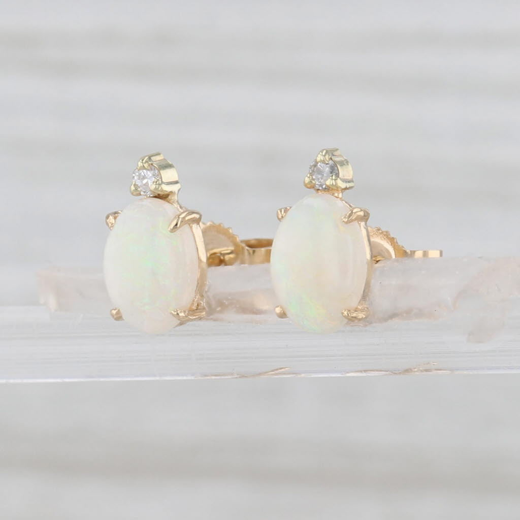 Opal Diamond Stud Earrings 14k Yellow Gold Oval Cabochon Studs