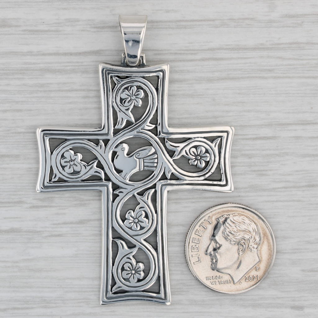 Gray James Avery Ornate Floral Dove Cross Pendant Sterling Silver Statement