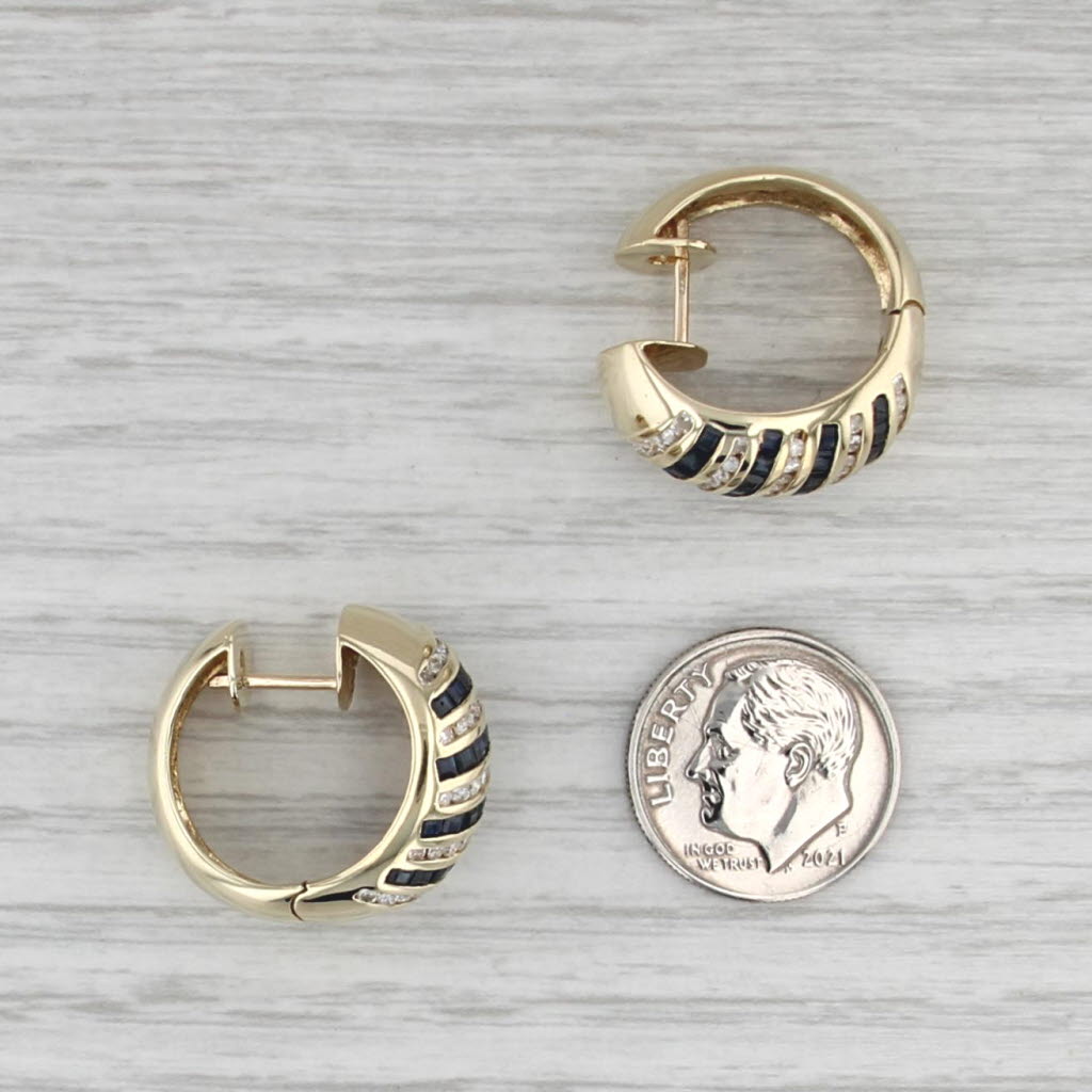 2.60ctw Blue Sapphire Diamond Hoop Earrings 14k Yellow Gold Hinged Round Hoops