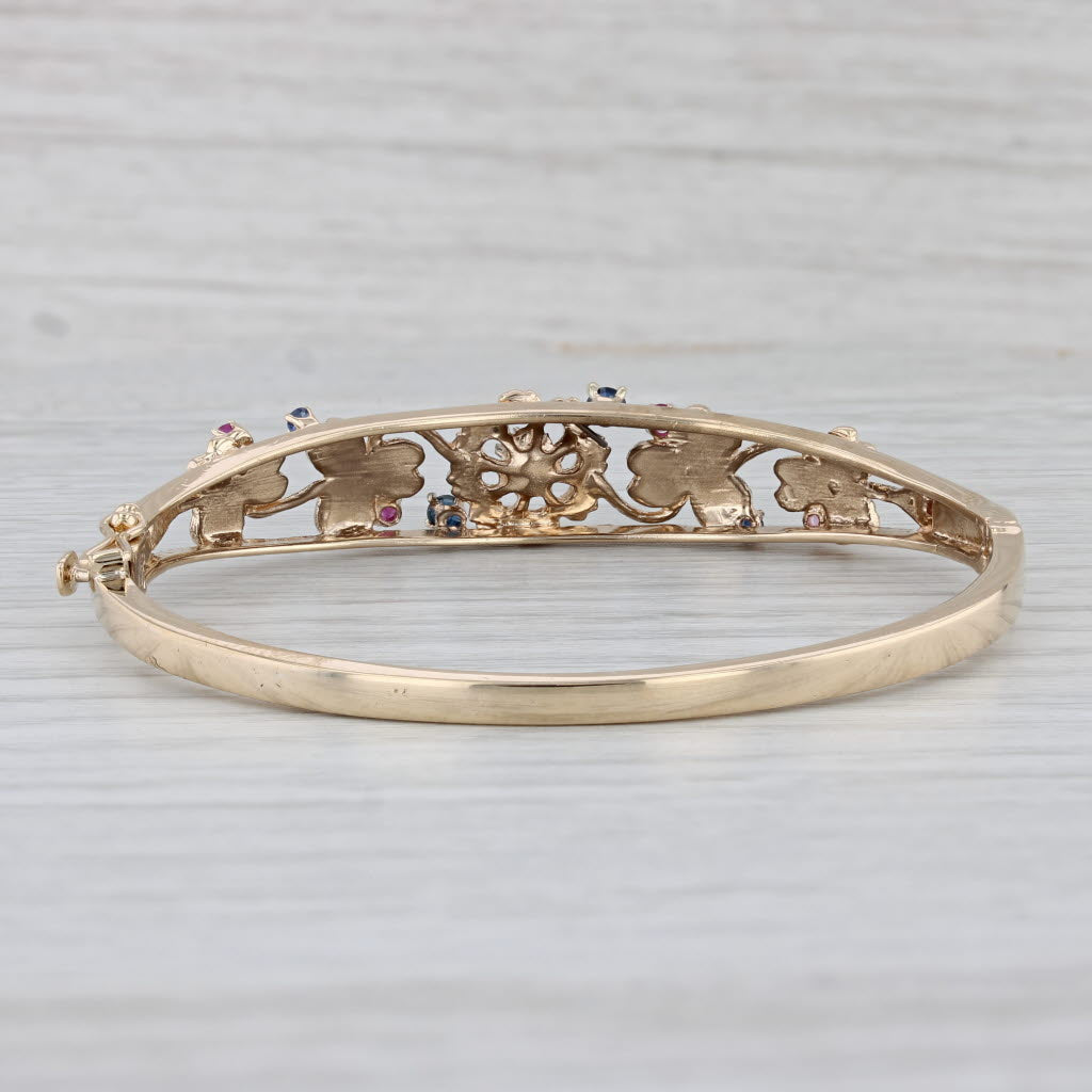 Gray Gemstone Floral Bangle Bracelet 14k Gold 0.46ctw Sapphire Ruby Cultured Pearl