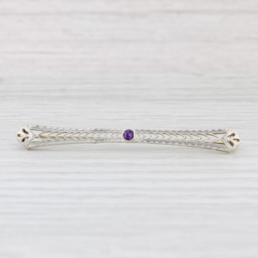 Light Gray Art Deco Amethyst Bar Pin 14k Gold Platinum Filigree Brooch