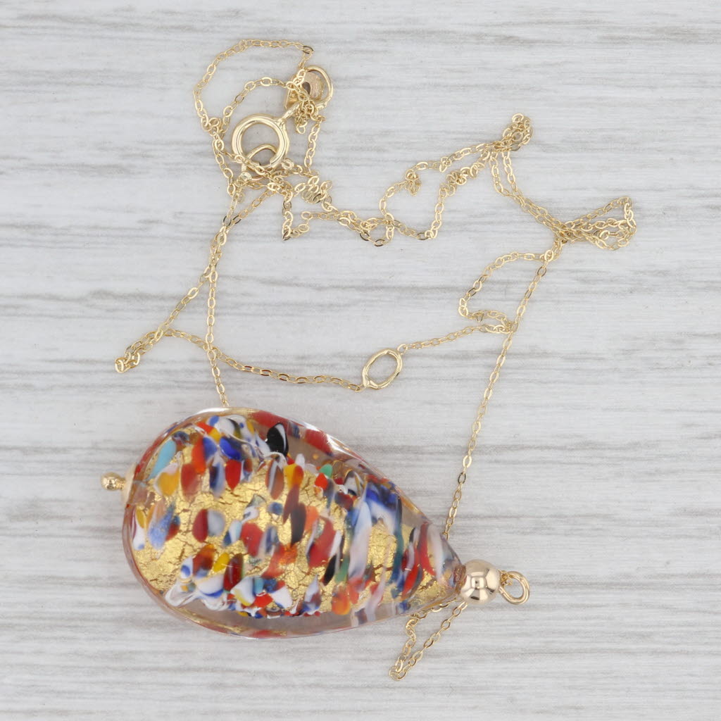 New Colorful Glass Mosaic Teardrop Pendant Necklace 14k Yellow Gold 16"-18"