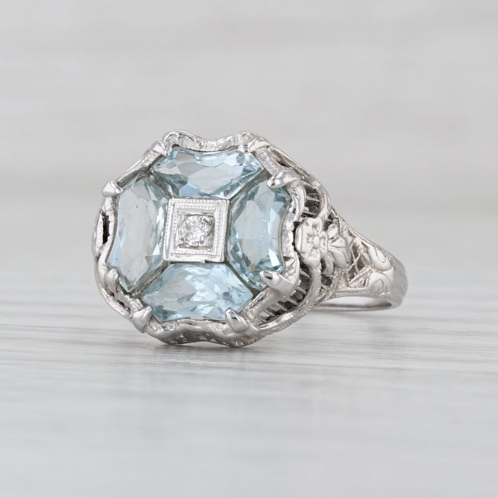 Vintage Aquamarine Diamond Ring 14k White Gold Filigree Size 7.5