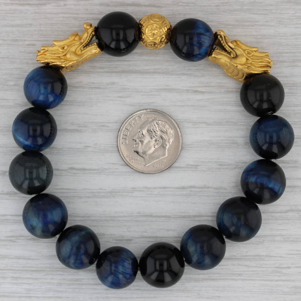 Dark Gray Gold Dragon Stretchable Bead Bracelet Blue Tiger's Eye Onyx Obsidian 6.75"