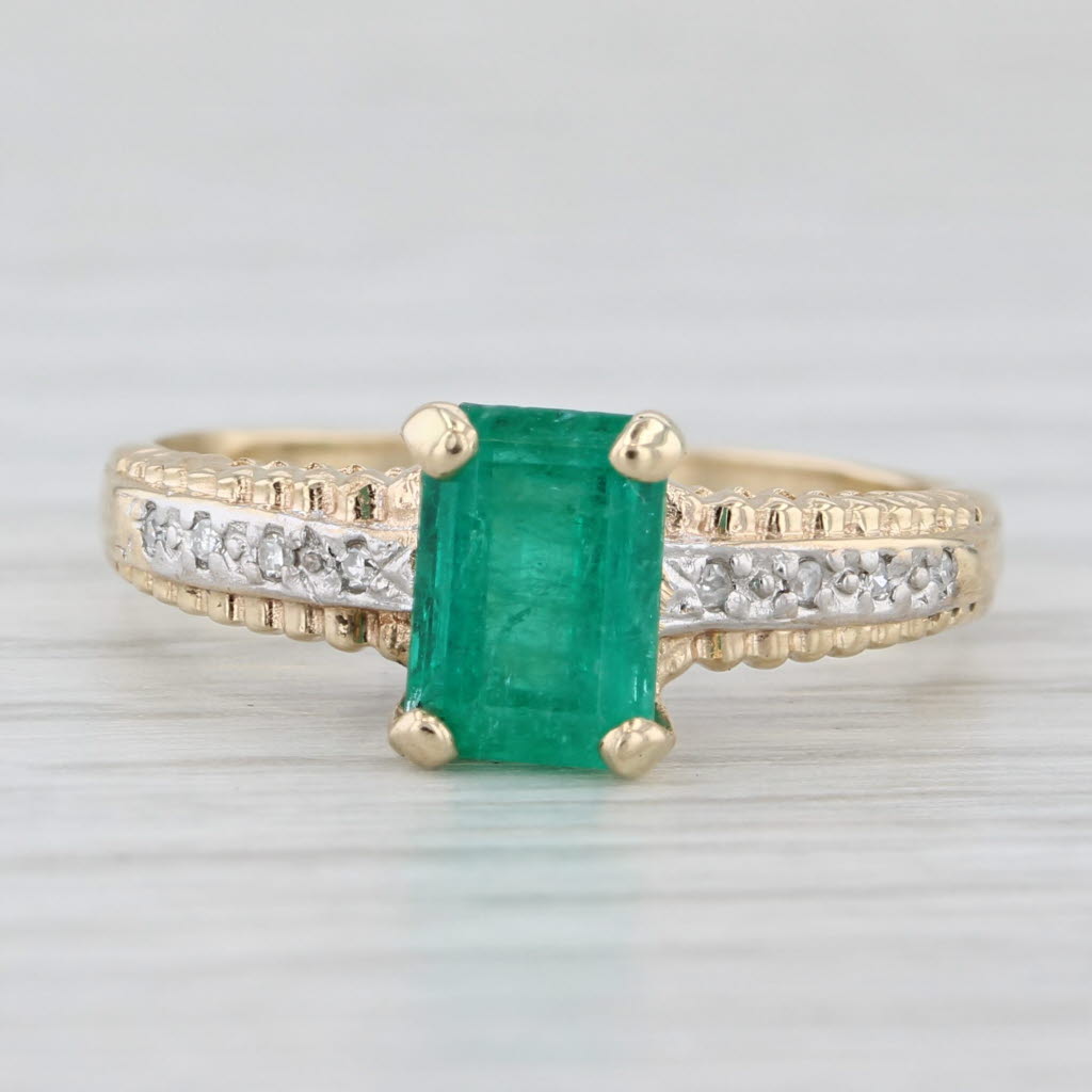 Light Gray 1.03ctw Emerald Cut Emerald Solitaire Ring 10k Yellow Gold Sz 7 Diamond Accents