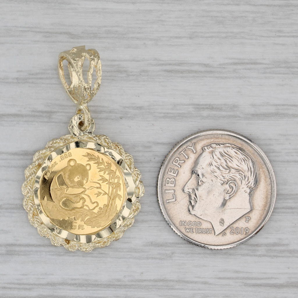 Gray Authentic Chinese Panda Coin Pendant 10k 999 Gold 5 Yuan 1994