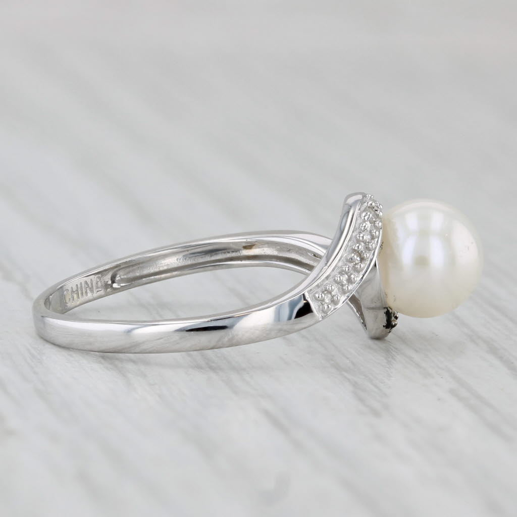 Light Gray Cultured Pearl Diamond Bypass Ring 14k White Gold Size 7.5
