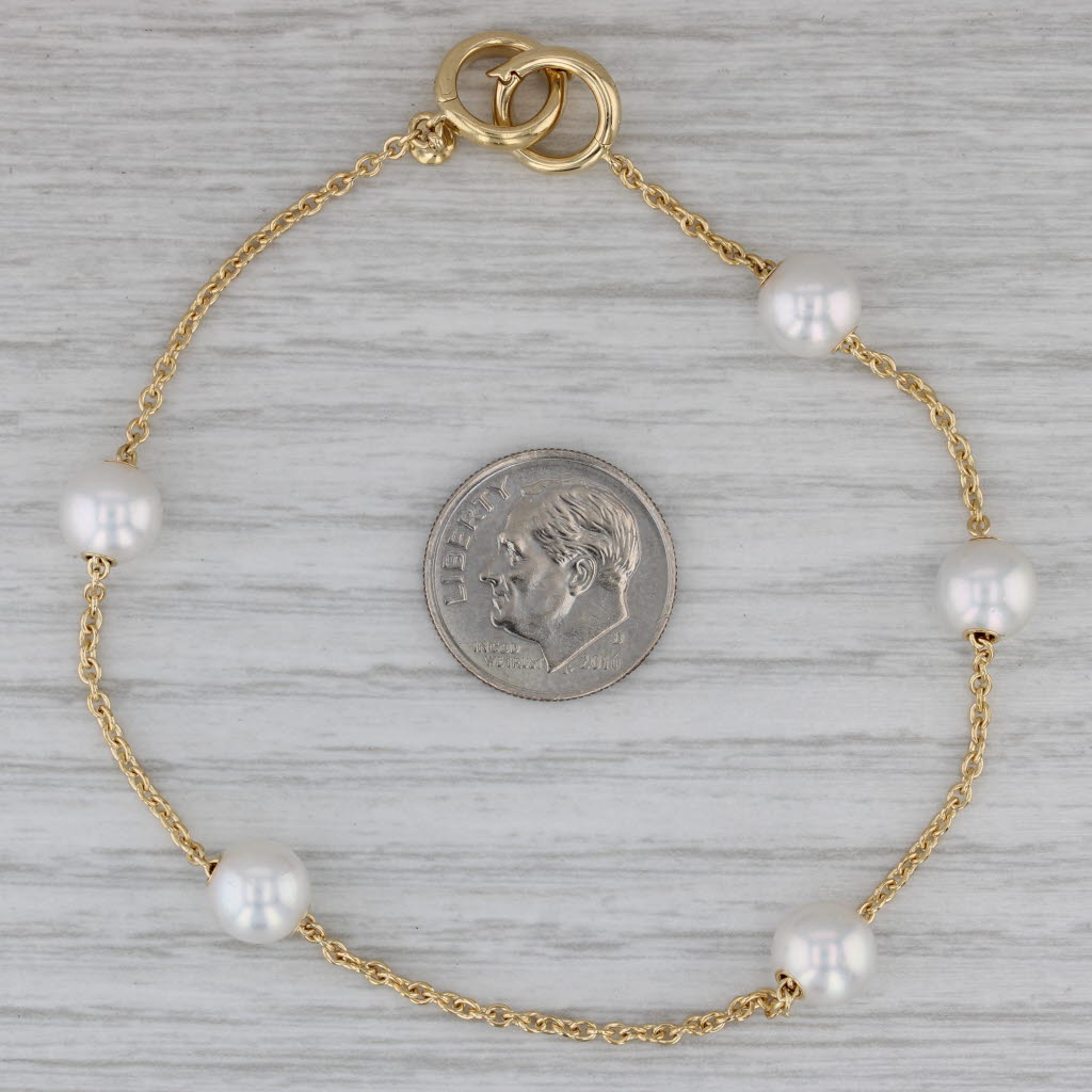 Gray Mikimoto Cultured Pearl Station Bracelet w/ Pouch 18k Yellow Gold 8" Cable Chain