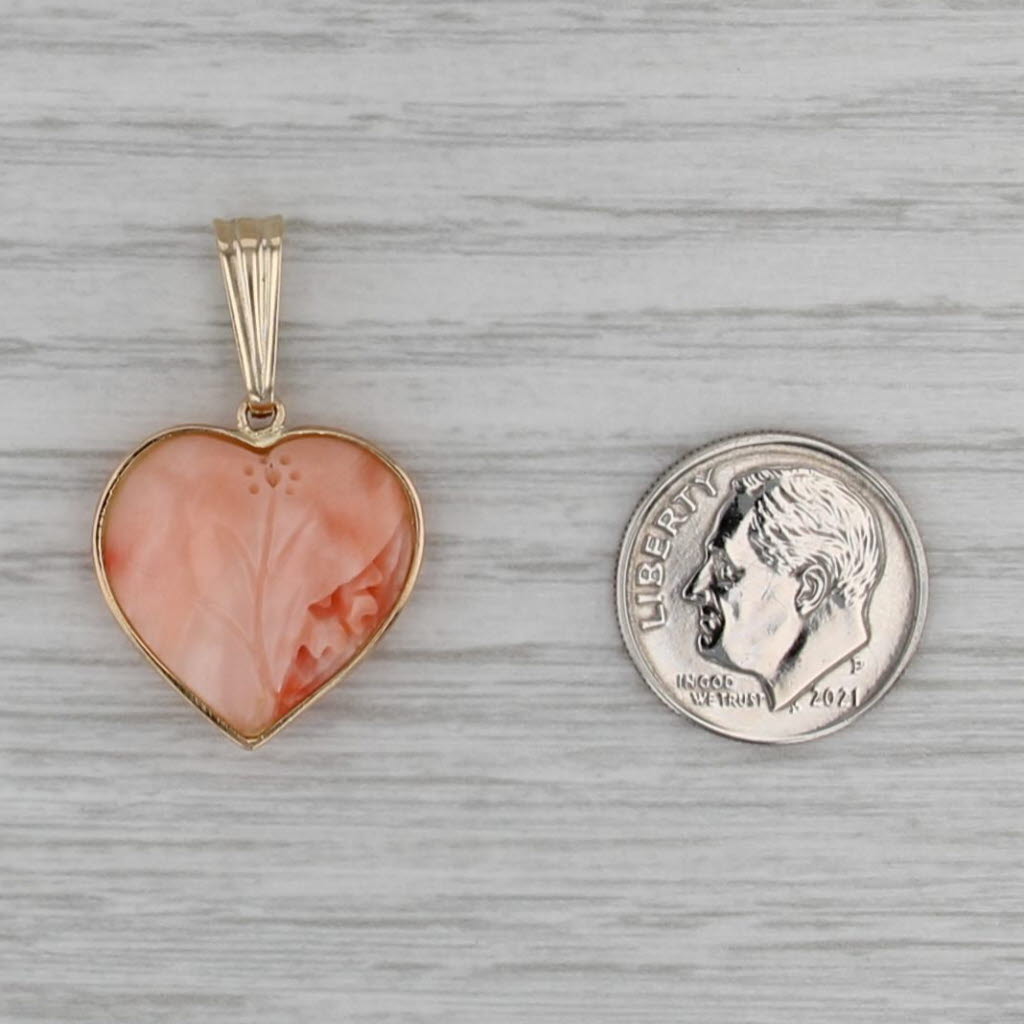 Peach Pink Coral Floral Carved Heart Pendant 14k Yellow Gold
