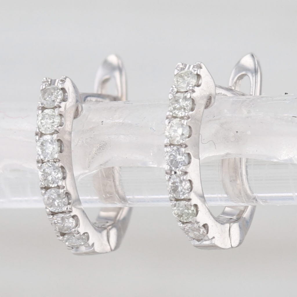 Diamond Mini Hoop Huggie Earrings 14k White Gold Round Hoops Hinged 9.5x1.6mm