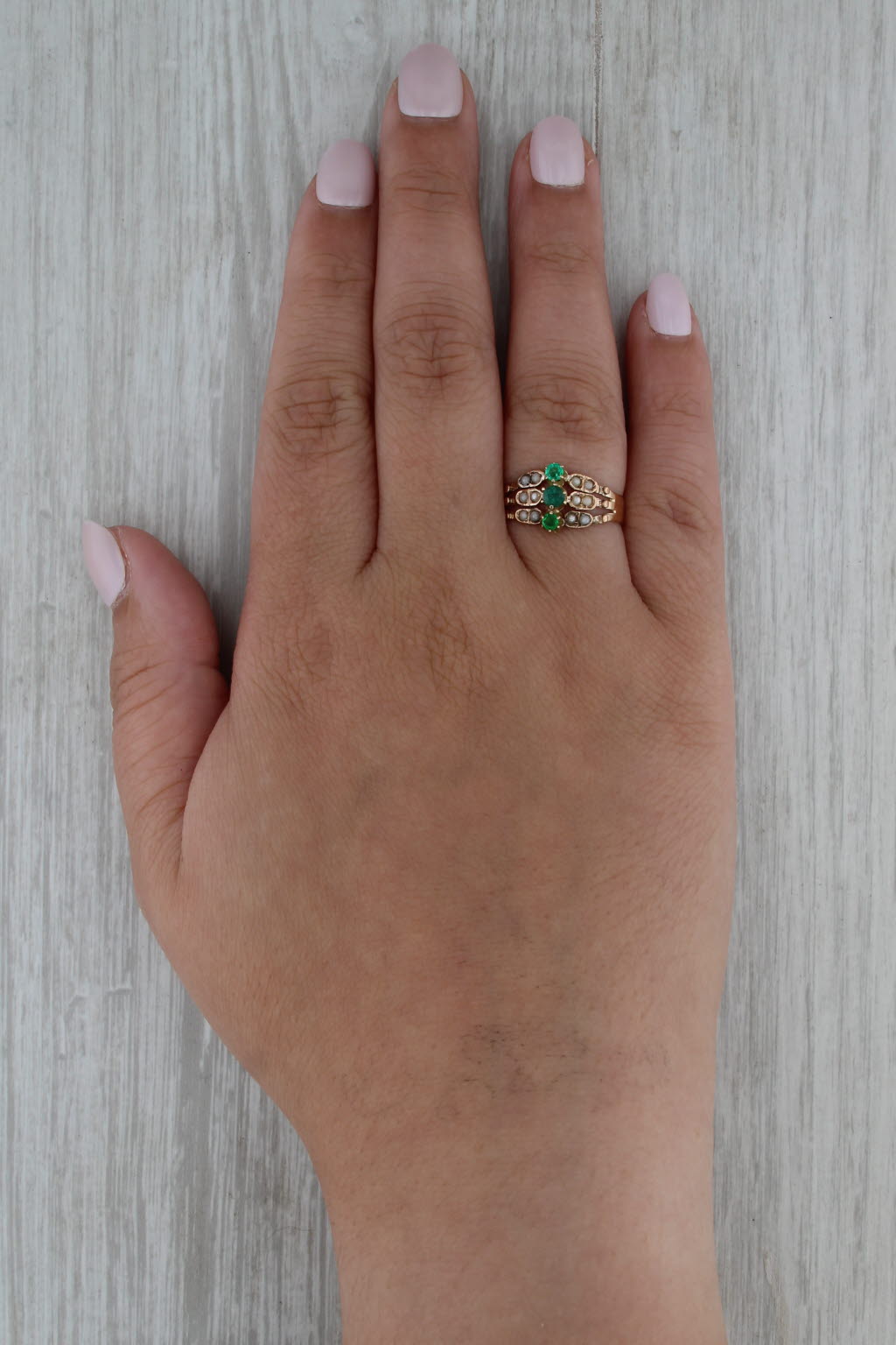 Antique Garnet Green Glass Doublet Imitation Pearl Ring 14k Yellow Gold Size 8.5