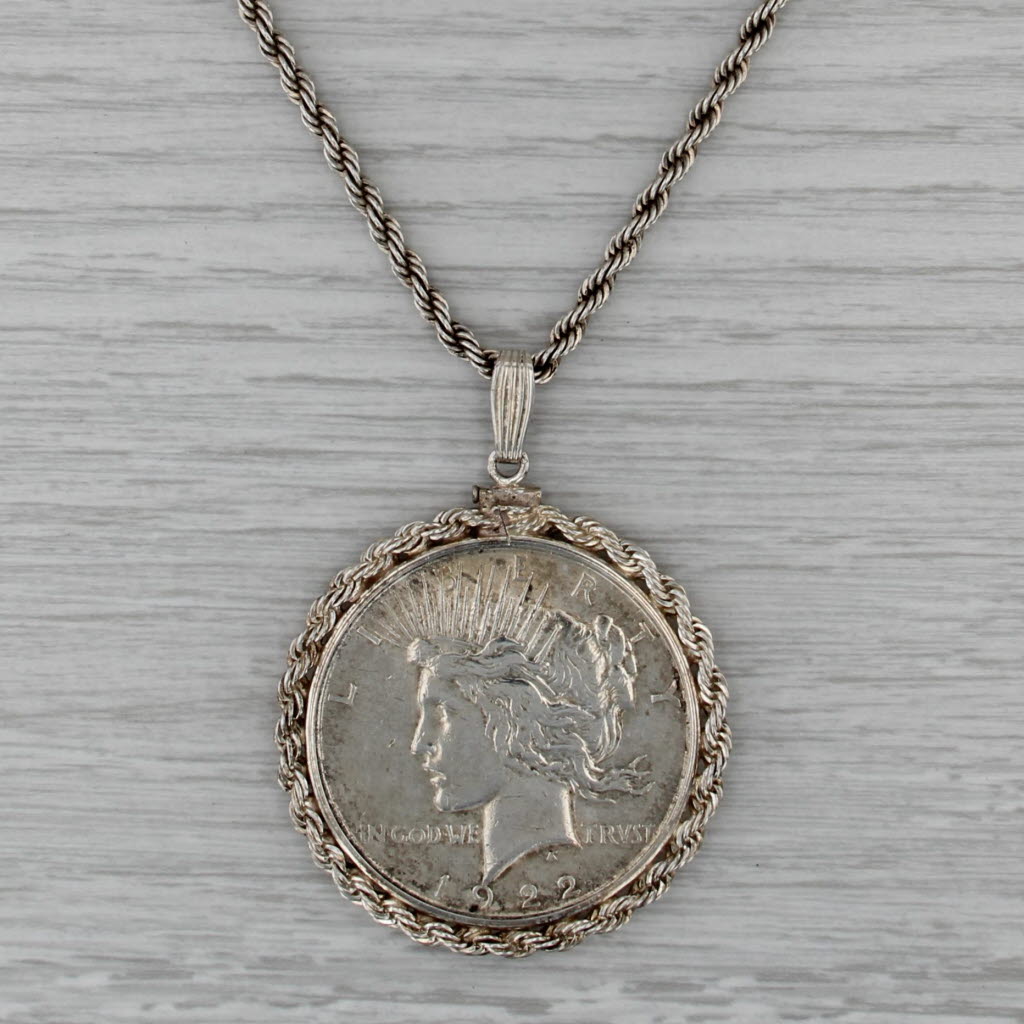 1922 Peace Dollar Pendant Necklace Sterling Silver 24" Rope Chain