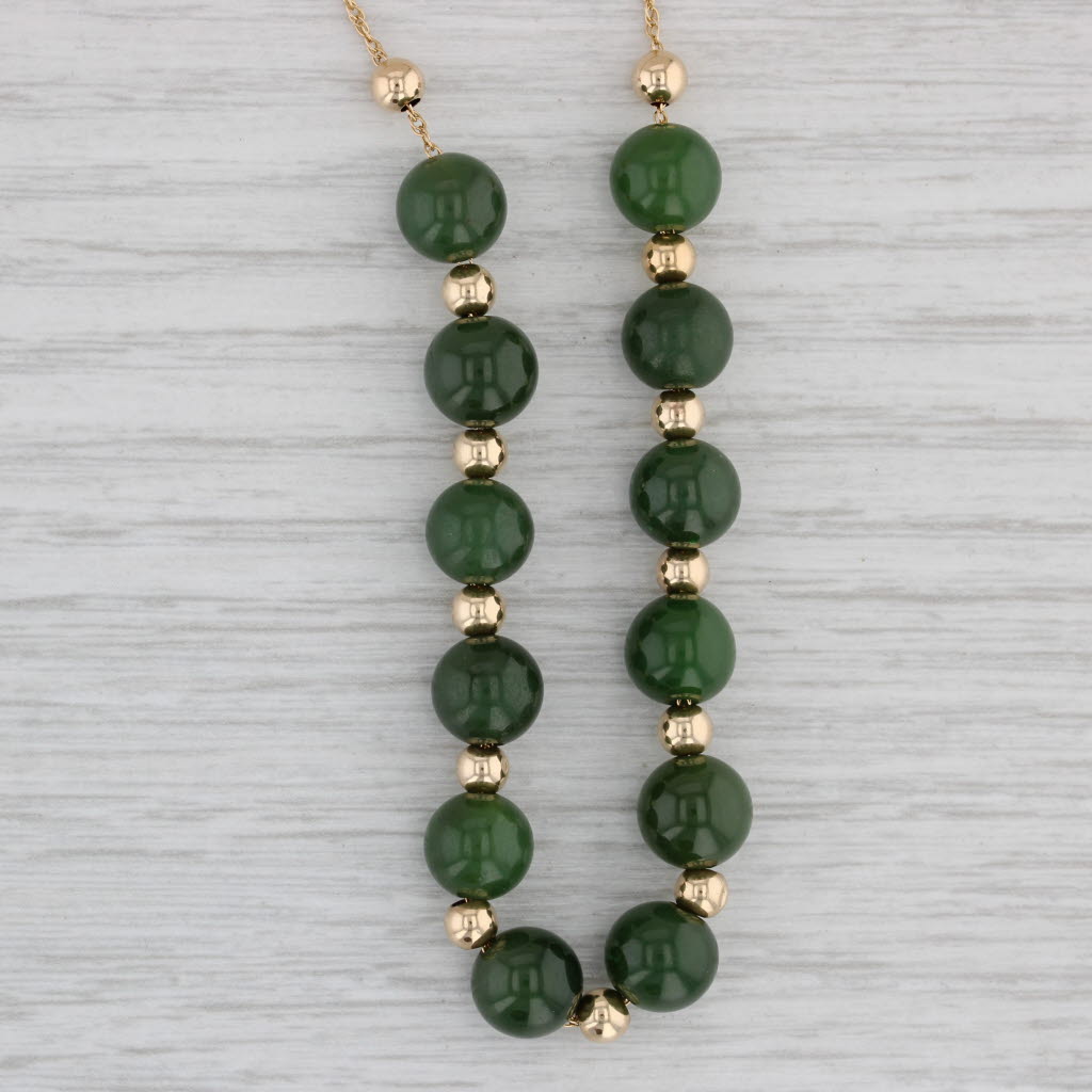 Gray Green Nephrite Jade Bead Necklace 14k Yellow Gold 17.5" Rope Chain