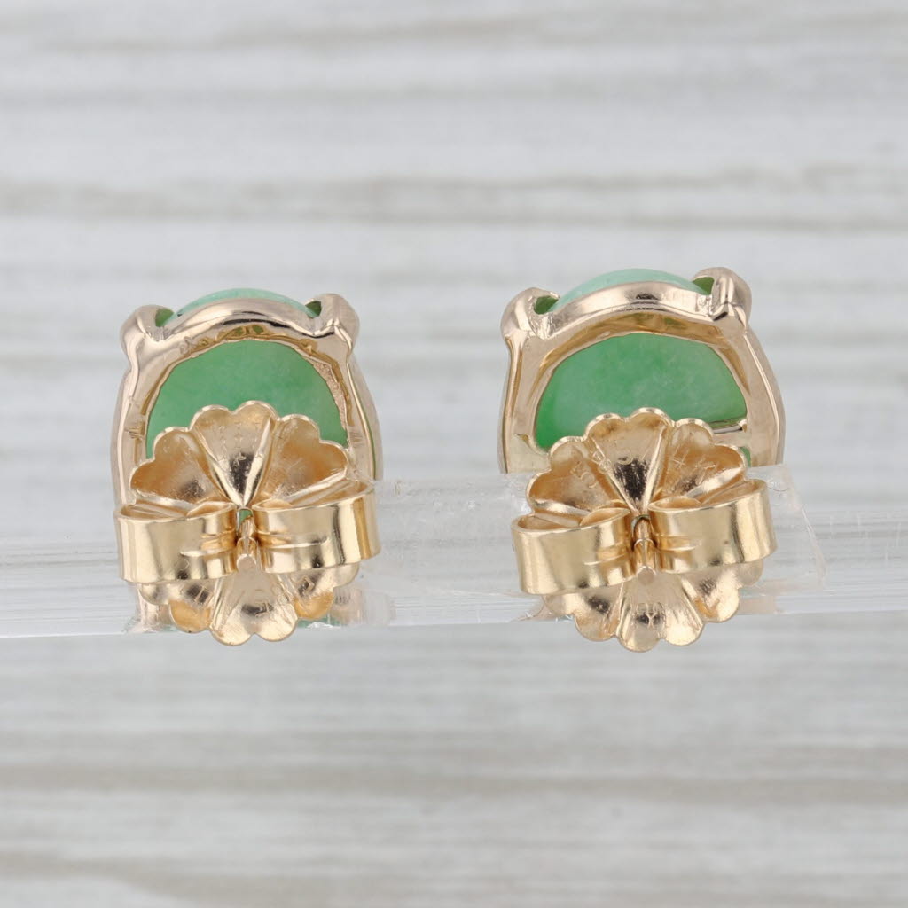 Green Jadeite Jade Stud Earrings 14k Yellow Gold Oval Cabochon Studs
