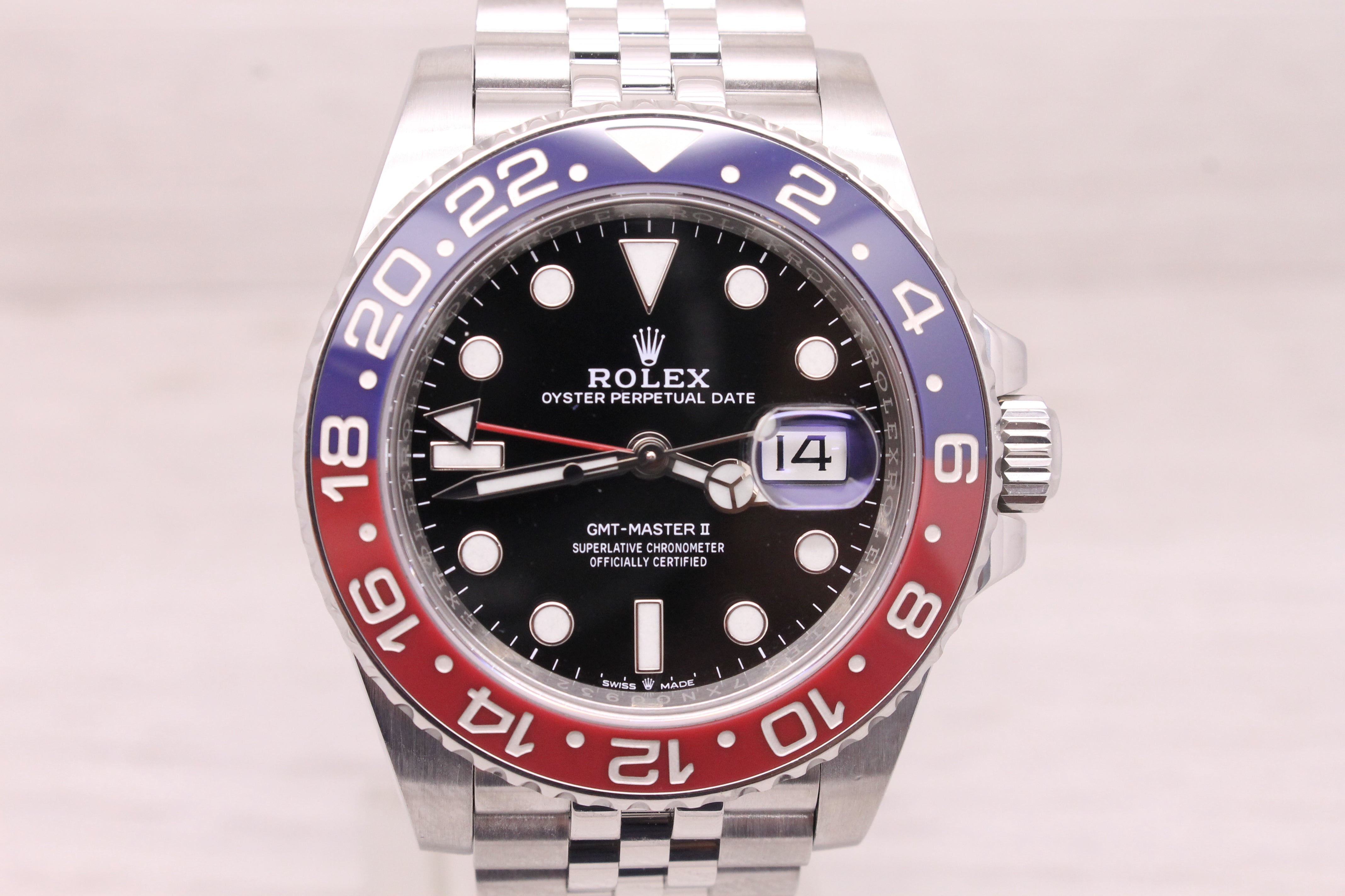 Light Gray Rolex GMT Master II 126710BLRO Pepsi Mens Automatic Steel Watch Jubilee Band