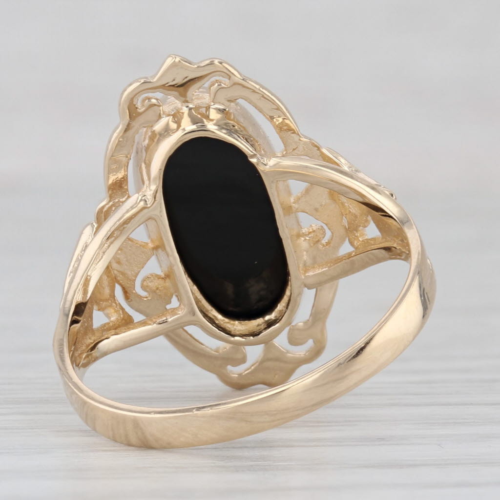Vintage Onyx Ring 10k Yellow Gold Oval Cabochon Solitaire Flower Size 7