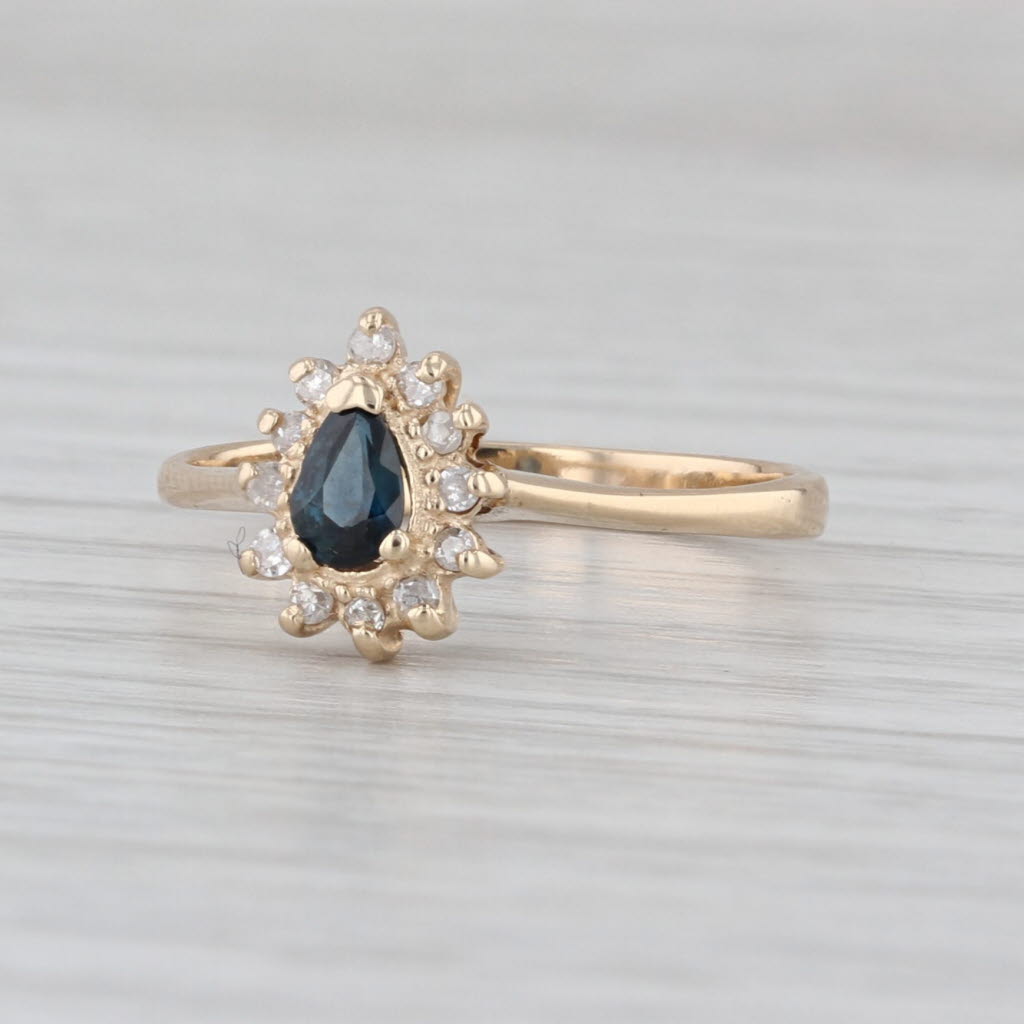 0.37ctw Blue Sapphire Diamond Halo Ring 14k Yellow Gold Size 6.75 Teardrop Pear