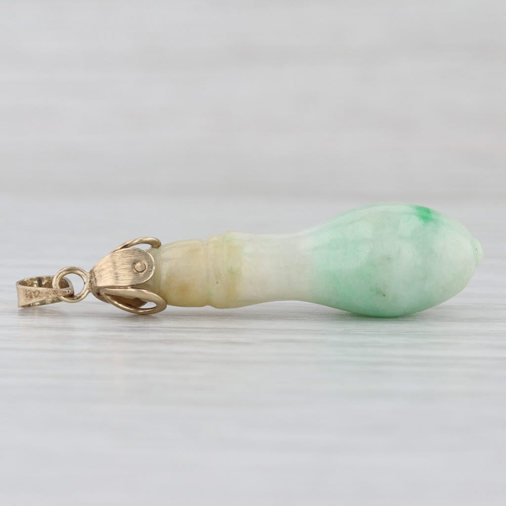 Vintage Jadeite Jade Carved Oblong Pendant Floral Drop 14k Yellow Gold